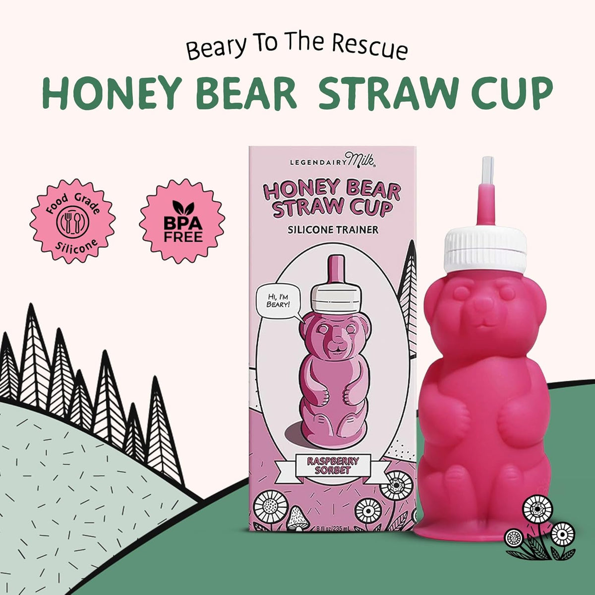 Legendairy Milk Honey Bear Silicone Straw Cup, 8 oz (240 ml), Pink — alternate product view