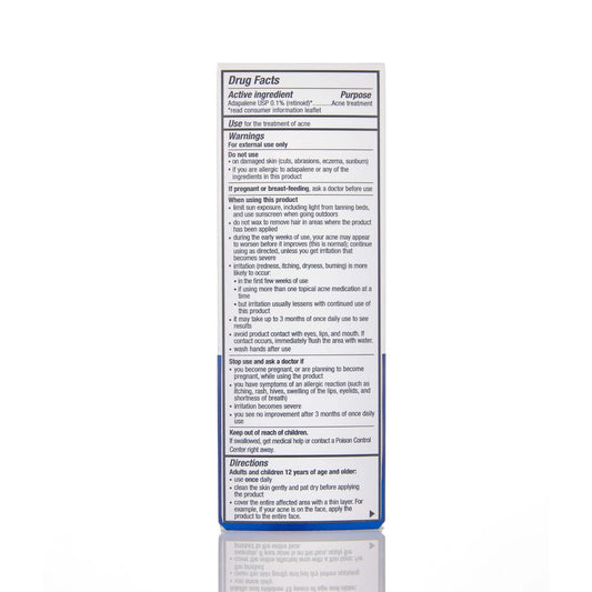 AcneFree Adapalene Gel 0.1% Acne Treatment 15g - Drug facts and warnings label