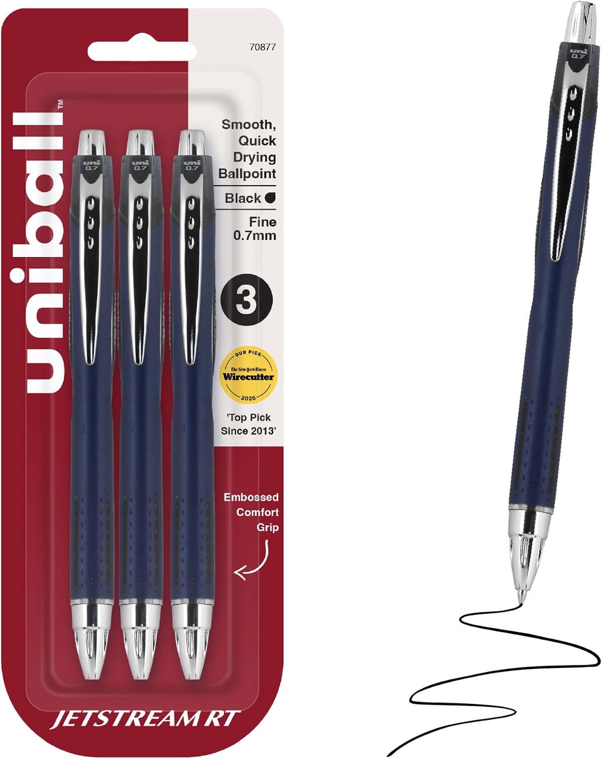 Uni-Ball Jetstream Retractable Ballpoint Pens - Black, 0.7 mm, 3 Count — product view