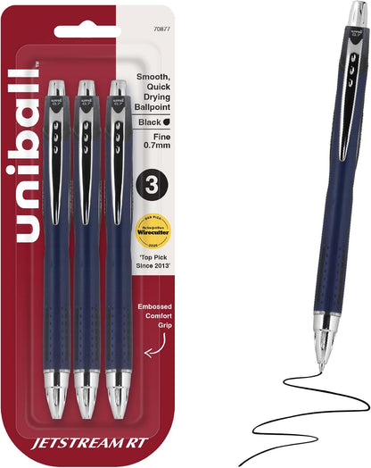 Uni-Ball Jetstream Retractable Ballpoint Pens - Black, 0.7 mm, 3 Count