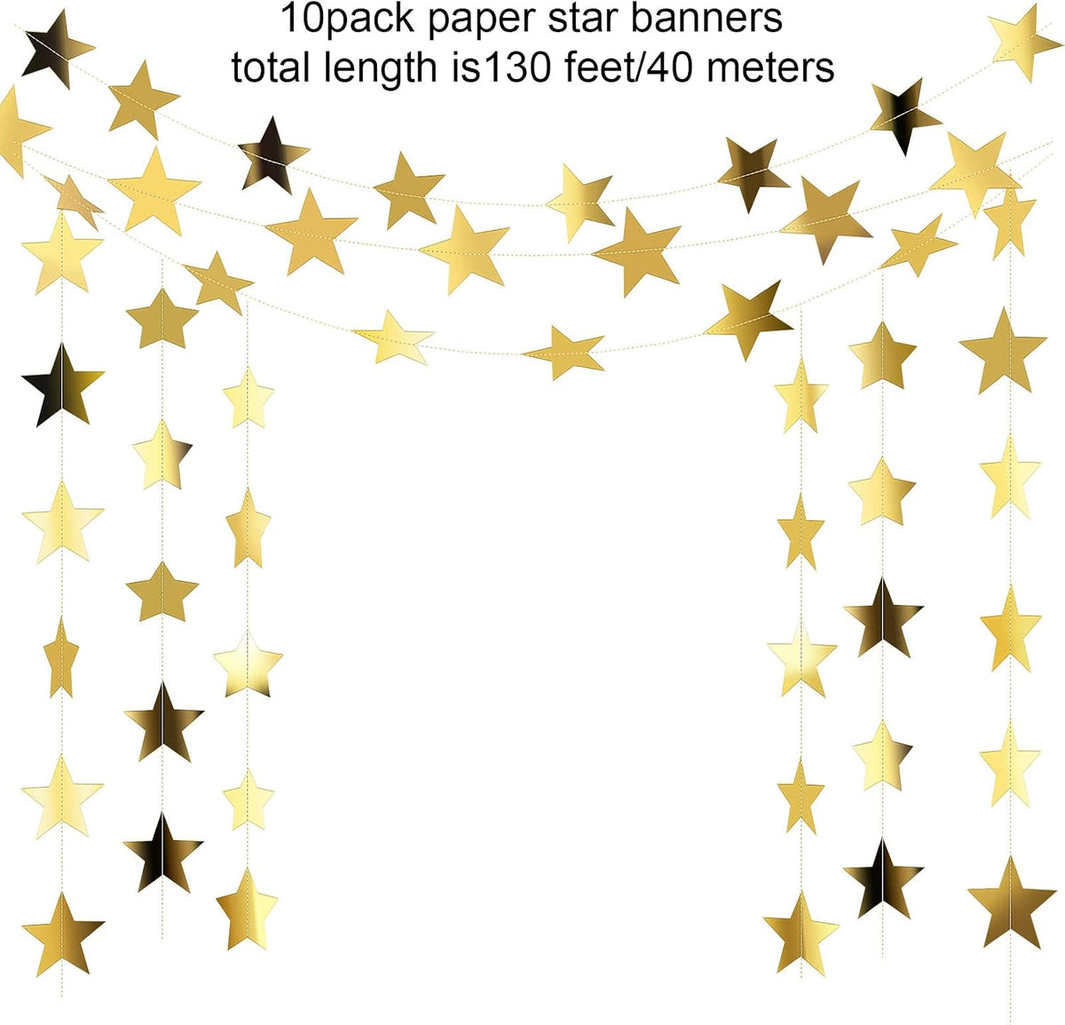 Patelai Gold Star Paper Garland Banner, 10 Strings, 130 ft (40 m) - view 3