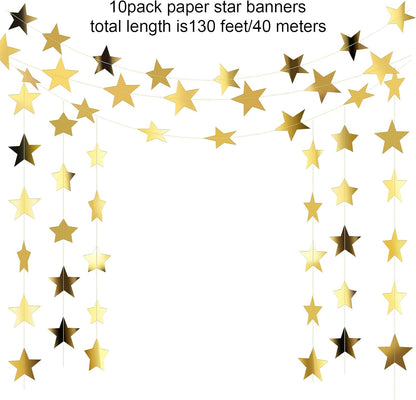 Patelai Gold Star Paper Garland Banner, 10 Strings, 130 ft (40 m) - view 3