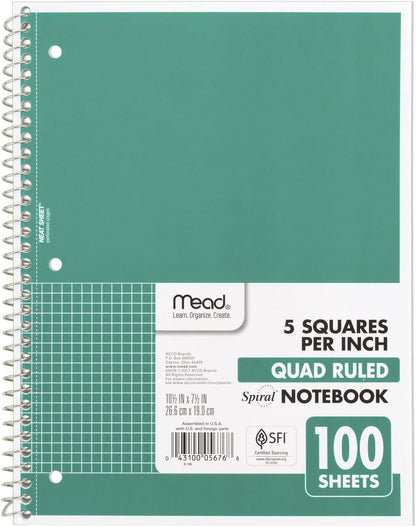 Mead Spiral Notebook, 1 Subject, Graph Ruled, 7-1/2 x 10-1/2 Inch, Green