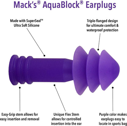 Mack's AquaBlock Silicone Swimming Earplugs, 3 Pair, Purple - view 2
