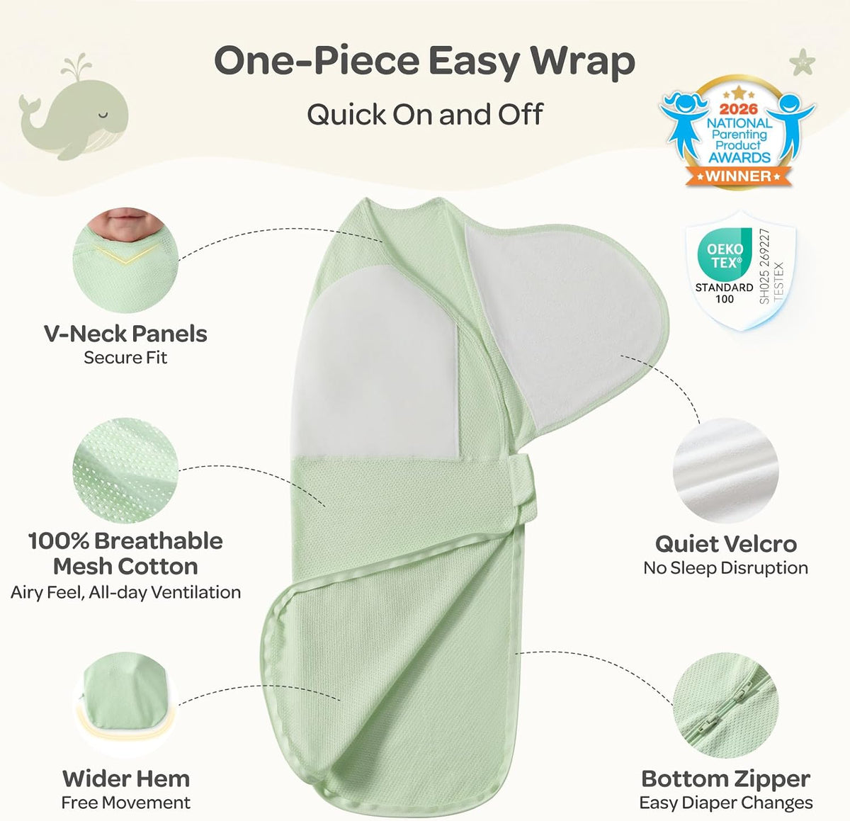 Momcozy Newborn Swaddle with Quiet Fastener, 0-3 Months, Sea Mist - view 4
