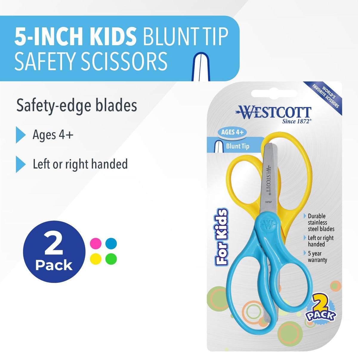 Westcott 5 Inch Hard Handle Kids Scissors, Blunt, Assorted Colours, 2 Pack - view 2