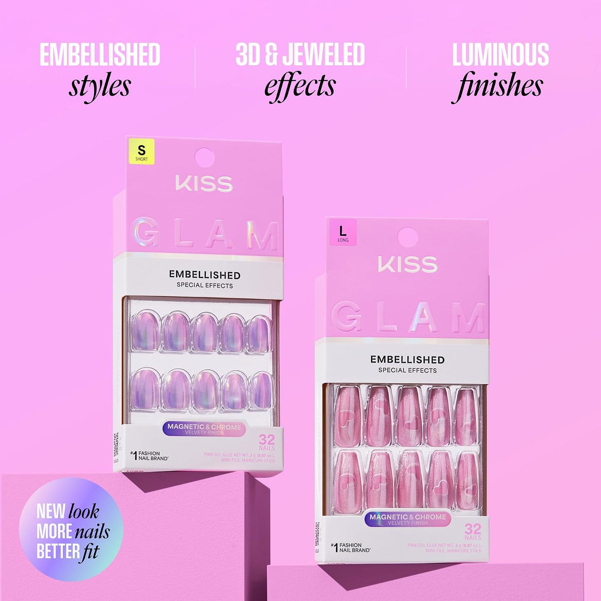 KISS GLAM Press-On Nails 'One n Only', Pink, Short Round, 32 Count - view 6