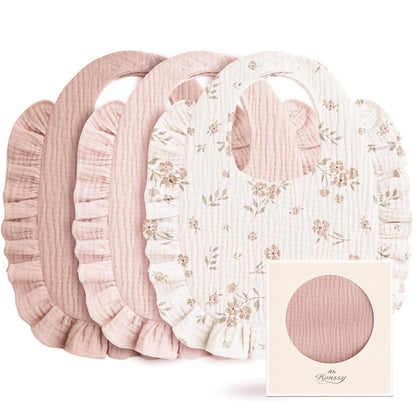 Konssy Muslin Baby Girl Bibs with Ruffle Trim, 3-Pack, 100% Cotton