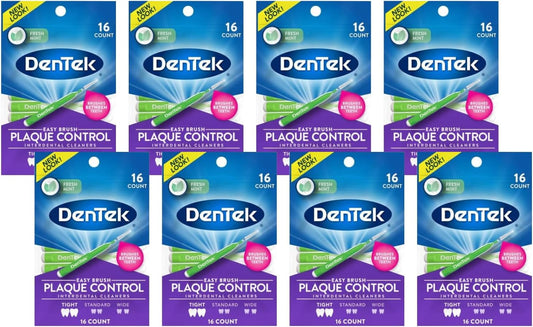 DenTek Easy Brush Interdental Cleaners Tight Fresh Mint, 16 Count, Pack of 8