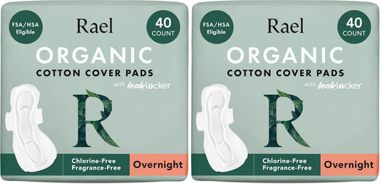 Rael Organic Cotton Cover Sanitary Towels, Heavy Overnight, 40 Count, Pack of 2