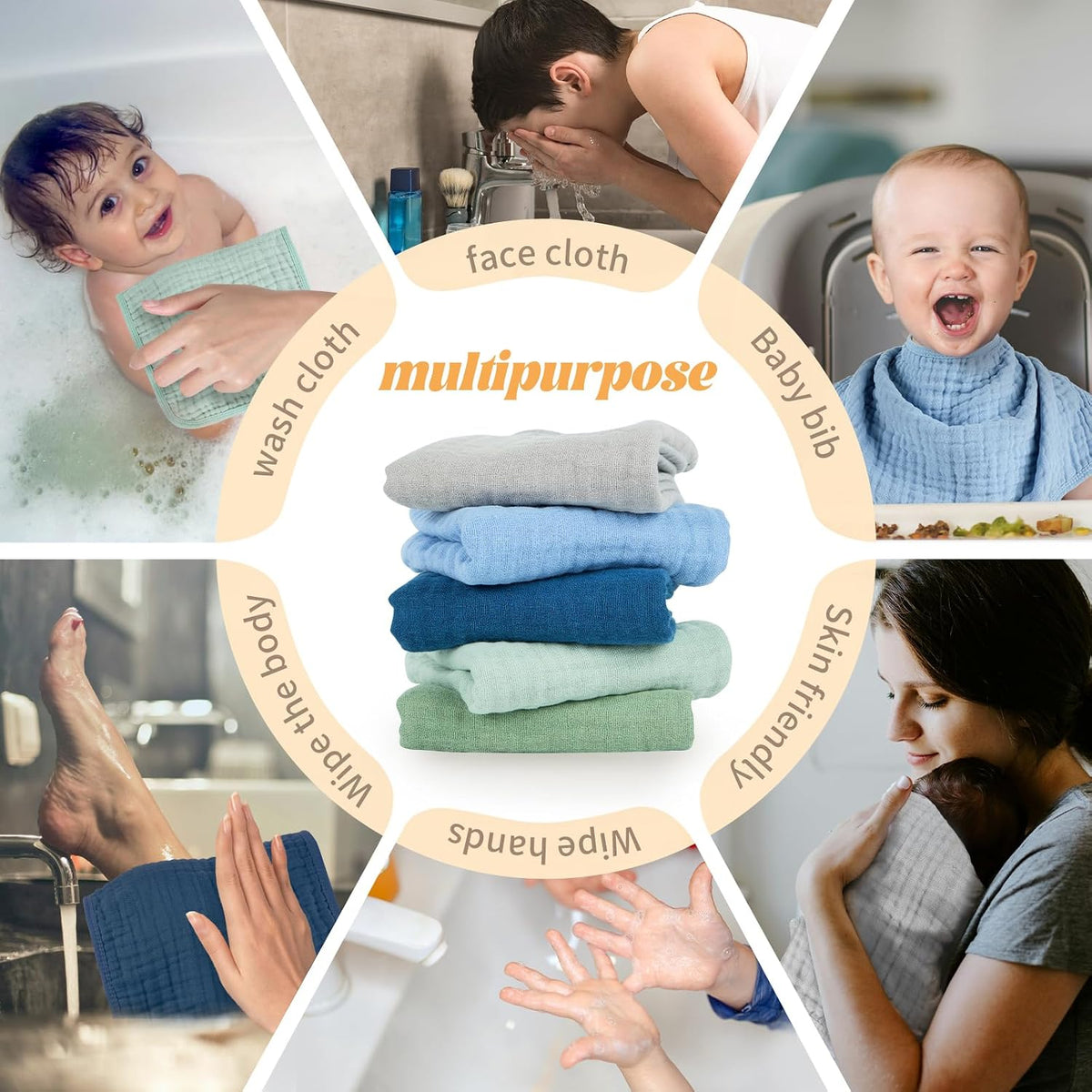 MIGIOL Baby Muslin Burp Cloths 10 x 20 Inch, Blue and Green, 5-Pack - view 4