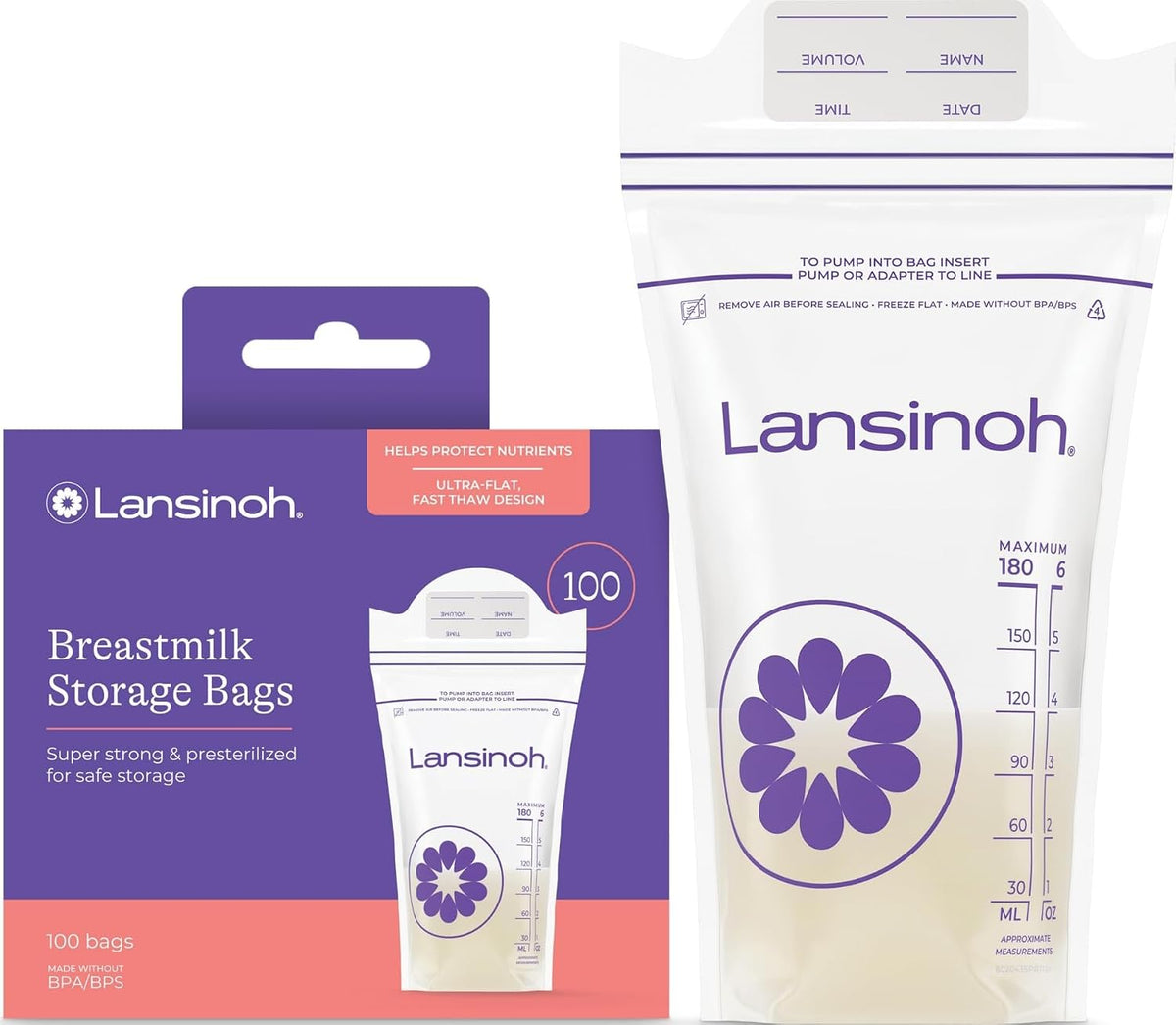 Lansinoh Breastmilk Storage Bags, 6 oz (180 ml), 100 Count — product view