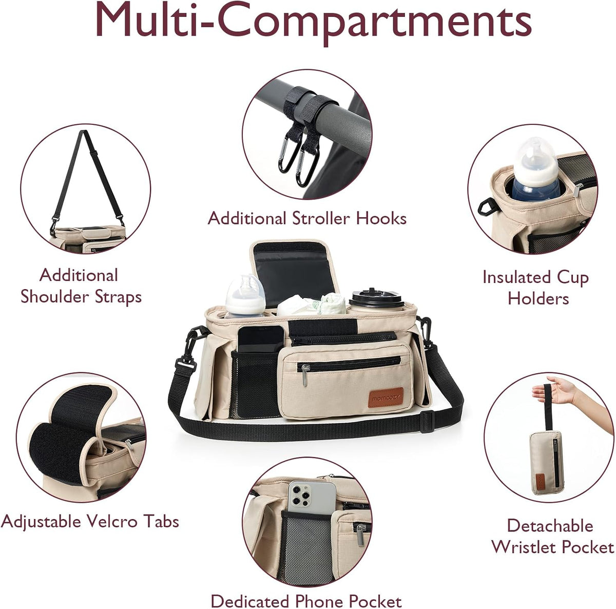 Momcozy Universal Stroller Organiser with Insulated Cup Holders, Khaki - view 2
