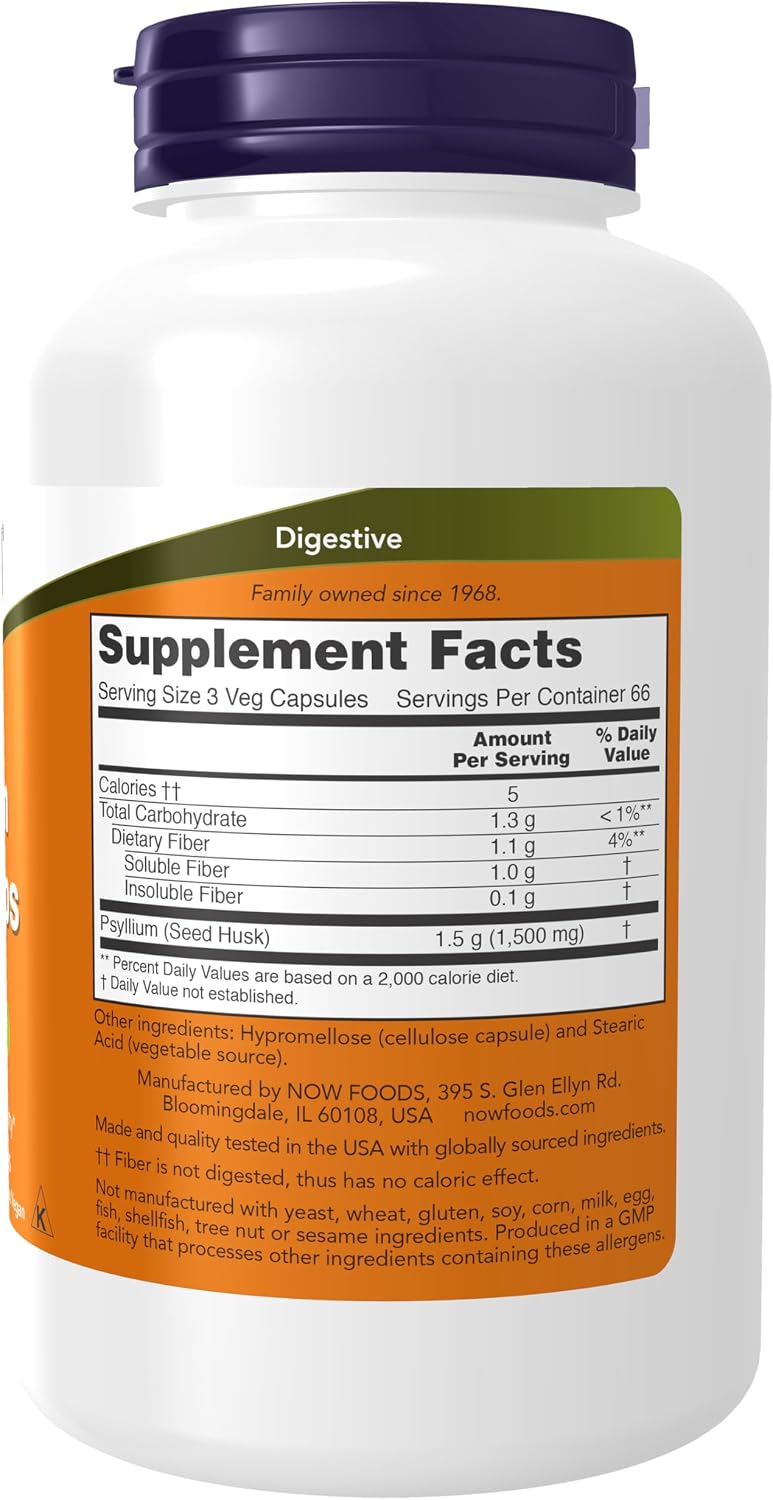 NOW Psyllium Husk Capsules 500mg, 200 Veg Capsules - view 2