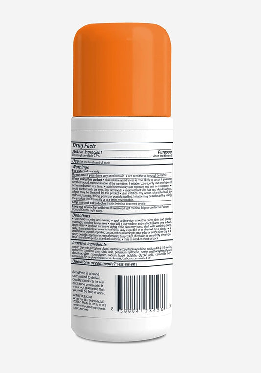 AcneFree Oil Free Acne Cleanser 2.5% Benzoyl Peroxide 237 ml - back of bottle with Drug Facts label