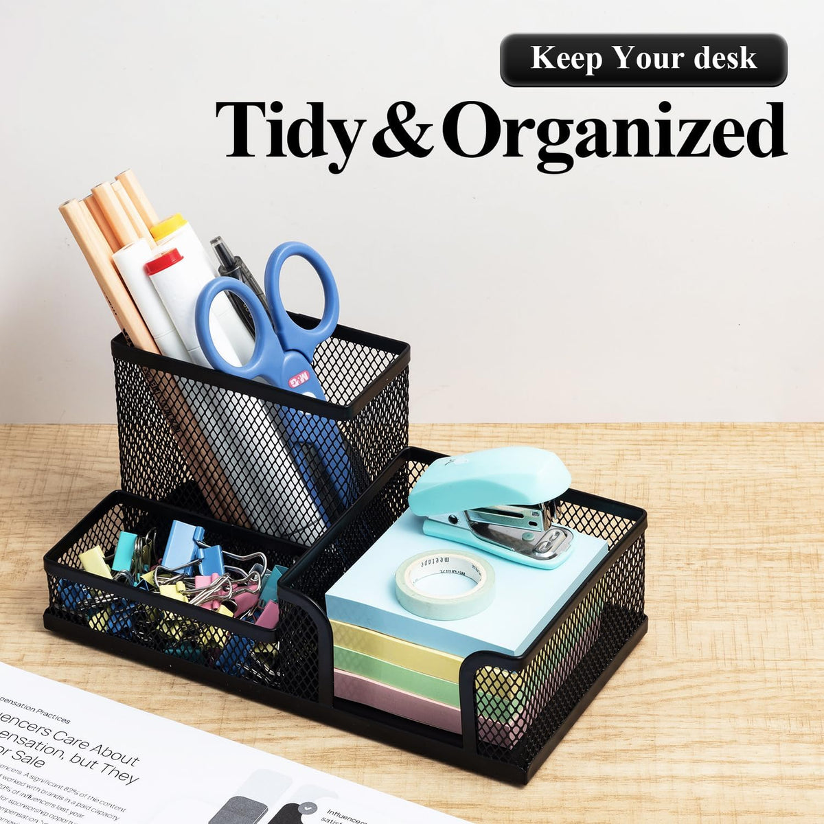 M&G Mesh Pen Holder Desk Organiser, 3 Compartments, Black - view 4