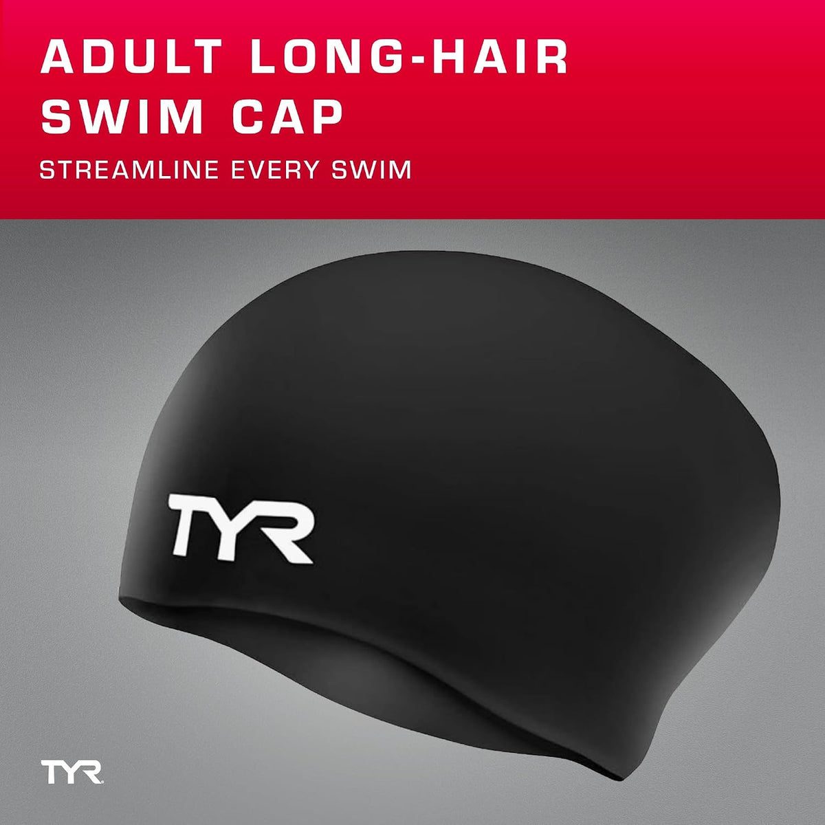 TYR Adult Silicone Long Hair Swim Cap, Black - view 2