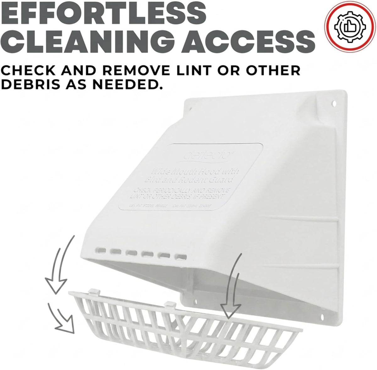 Deflecto 4-Inch Wide Mouth Dryer Vent Hood with Removable Bird Guard, White - view 6
