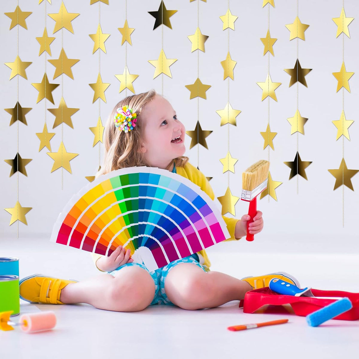 Patelai Gold Star Paper Garland Banner, 10 Strings, 130 ft (40 m) - view 4