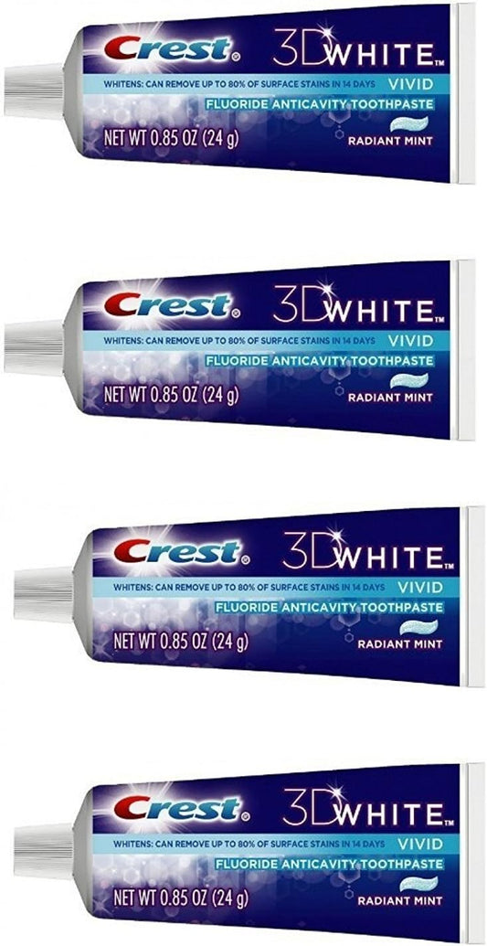 Crest 3D White Radiant Mint Toothpaste Travel Size 24 g (0.85 oz), Pack of 4