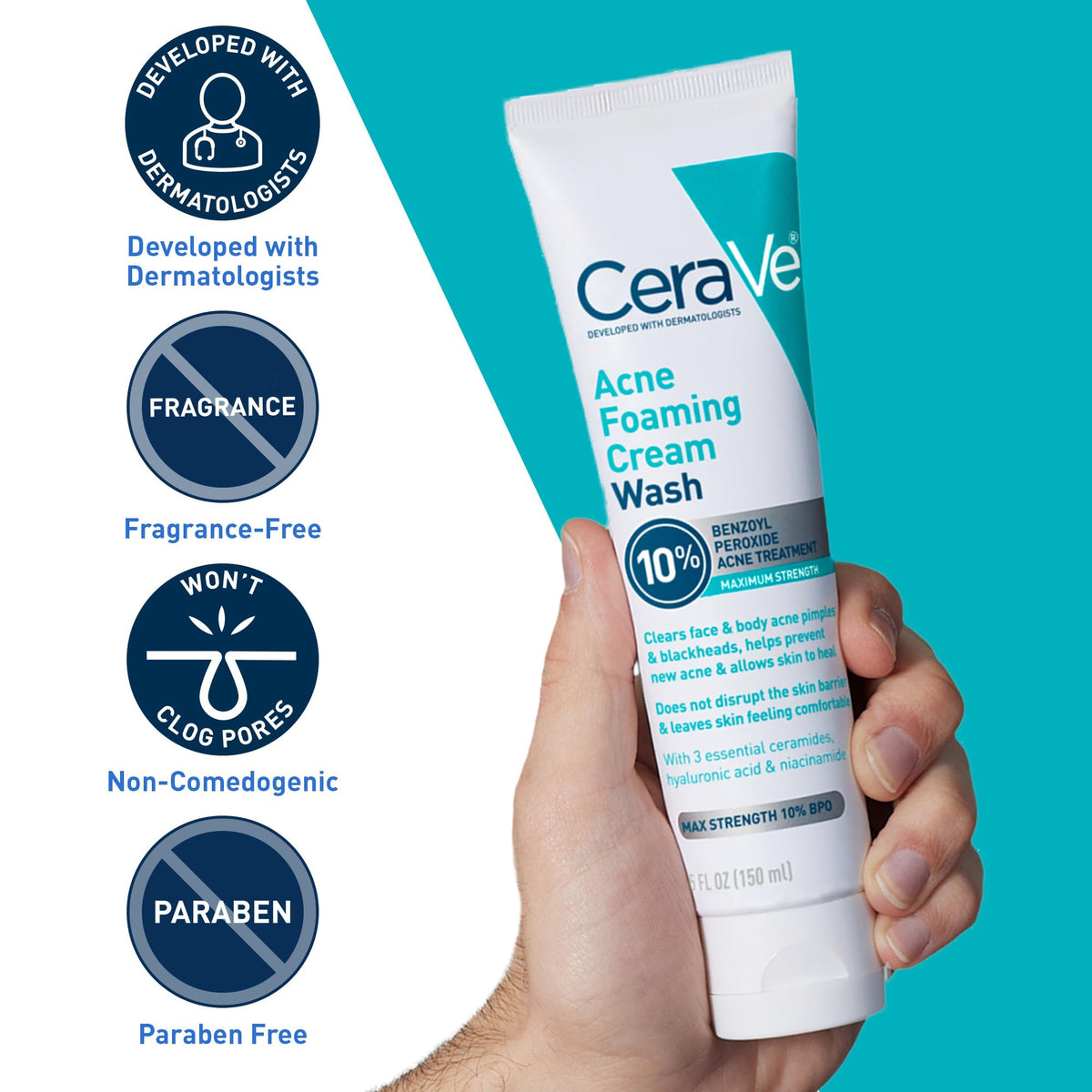 CeraVe Acne Foaming Cream Wash fragrance-free, non-comedogenic, paraben-free