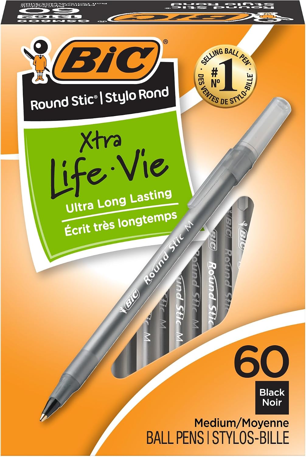 BIC Round Stic Xtra Life Ballpoint Pens, Black, 1.0mm Medium, 60 Count — product view