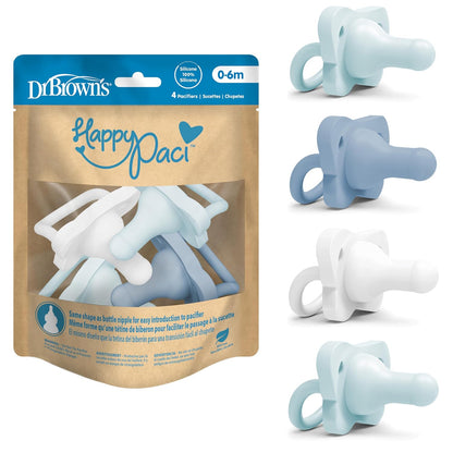 Dr. Brown's HappyPaci Silicone Dummy, 0-6m, Blue and White, Pack of 4