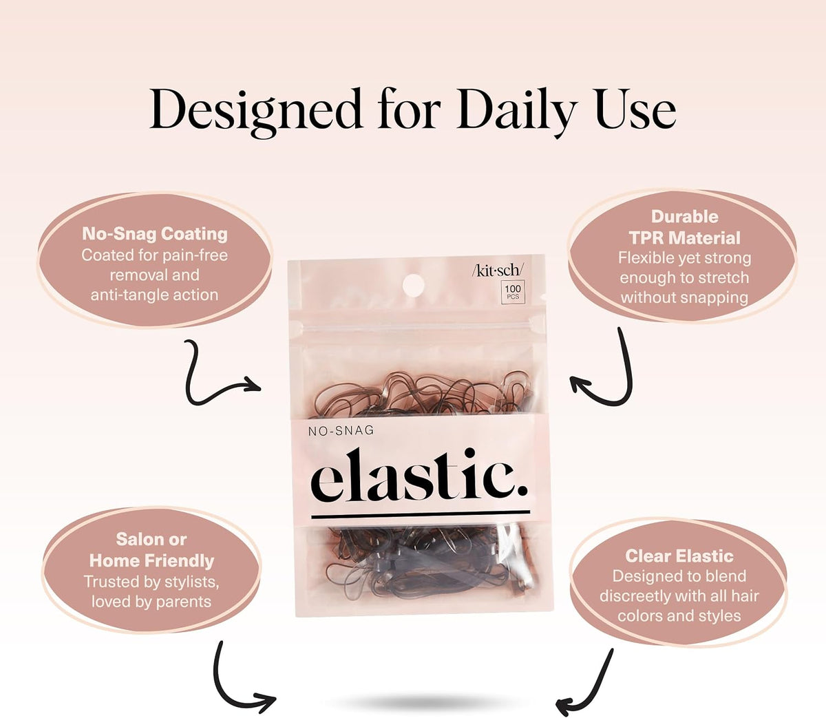 Kitsch Pro No Snag Mini Gummy Hair Elastics, Brown, 100 Count - view 4