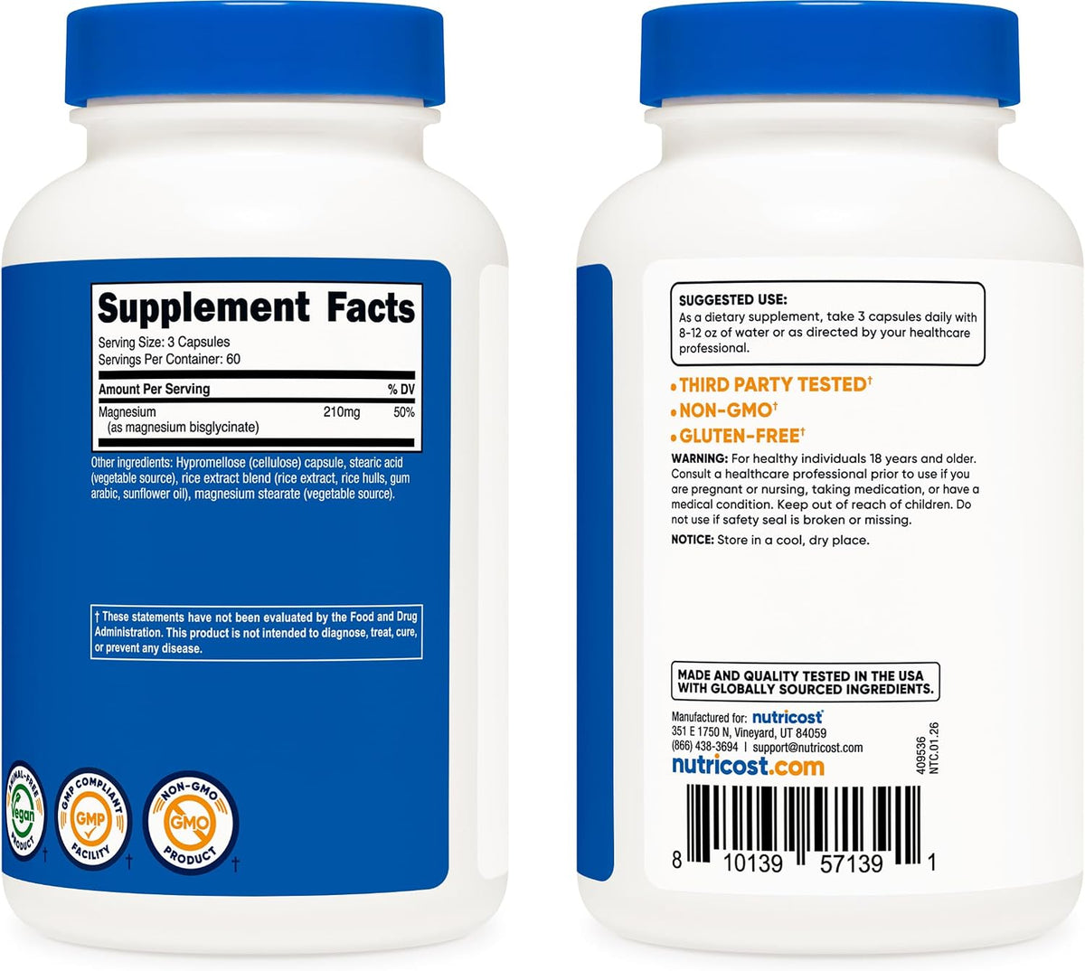 Nutricost Magnesium Glycinate, 210 mg per Serving, 180 Capsules - view 4
