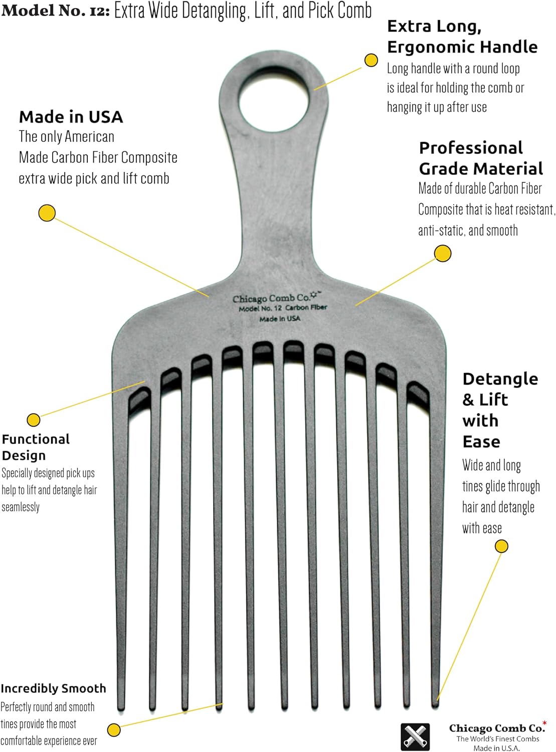Chicago Comb Model 12 Carbon Fiber XL Wide-Tooth Pick, 19 cm - view 6