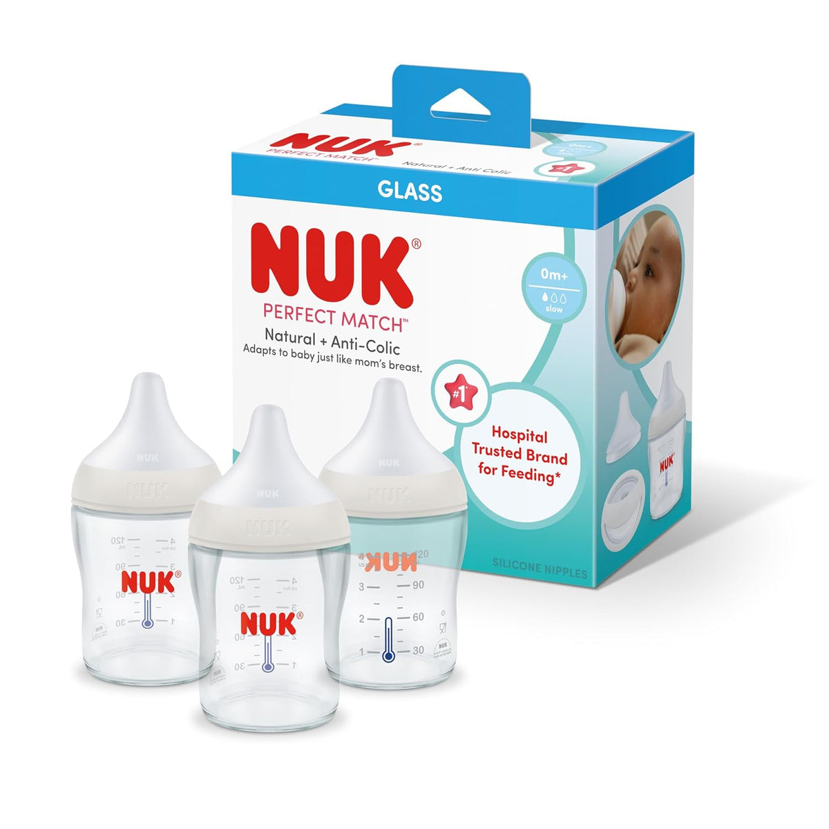 NUK Perfect Match Natural Transition Glass Baby Bottles, 4 oz (120 ml), 3 Pack — product view