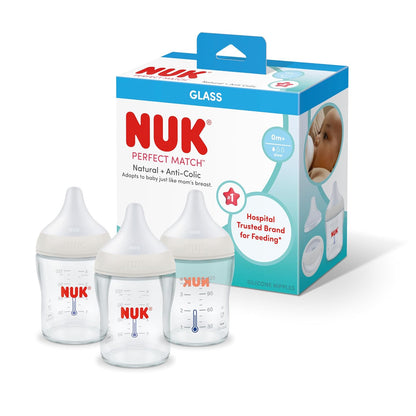 NUK Perfect Match Natural Transition Glass Baby Bottles, 4 oz (120 ml), 3 Pack
