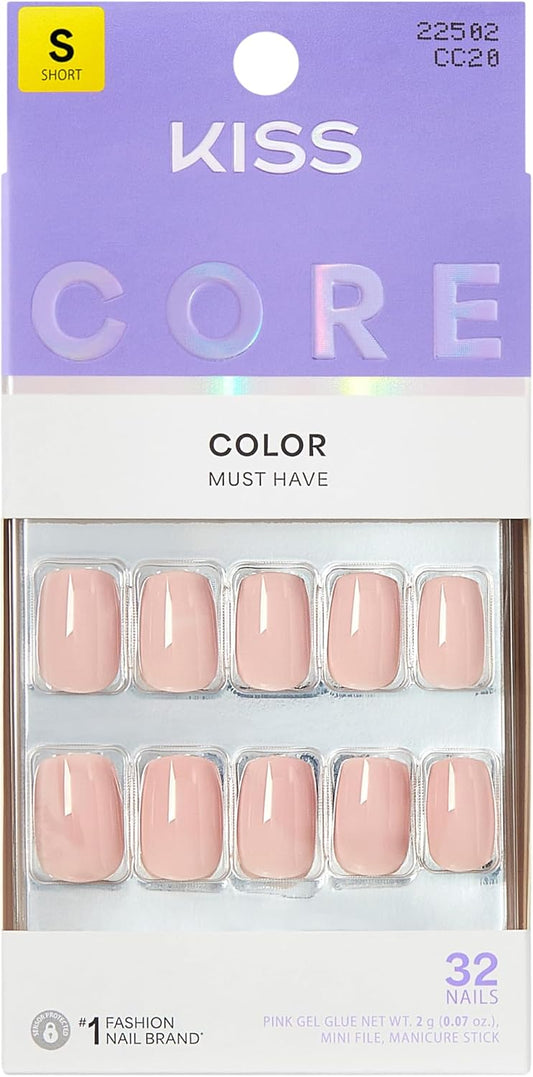 Kiss Core Color Press On Nails Aesthetic, Pink, Short Squoval, 32 Count