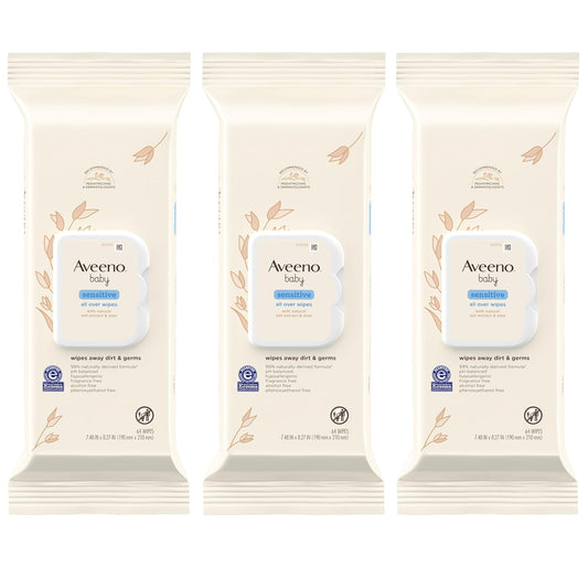 Aveeno Baby Sensitive All Over Wipes, Fragrance Free, 64 Count, Pack of 3