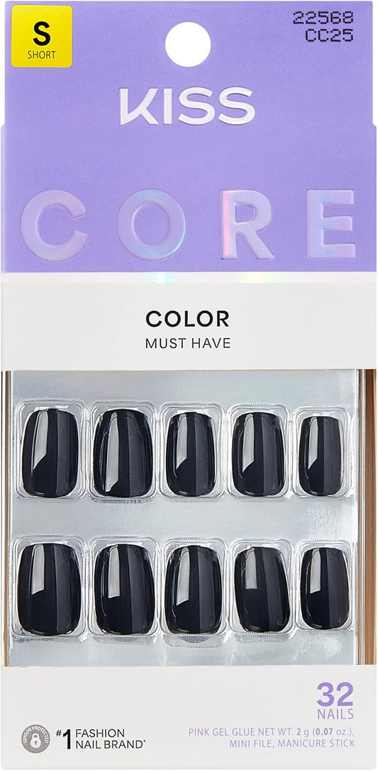 Kiss Core Color Press On Nails Photogenic, Black, Short Squoval, 32 Count