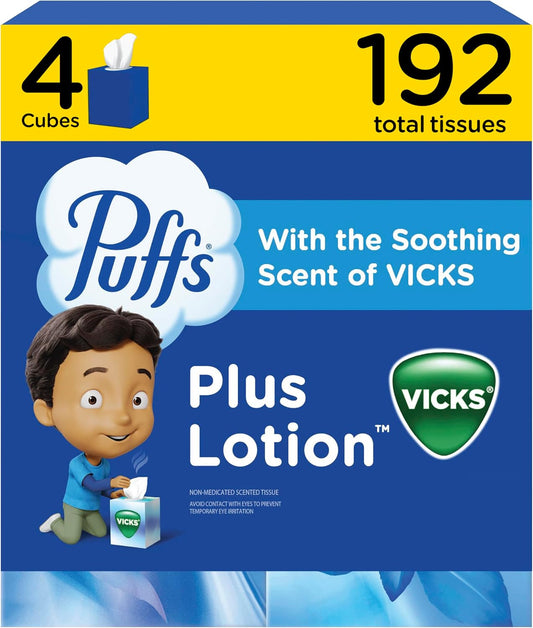 Puffs Plus Lotion with Vicks Scent Tissues, 4 Cubes of 48