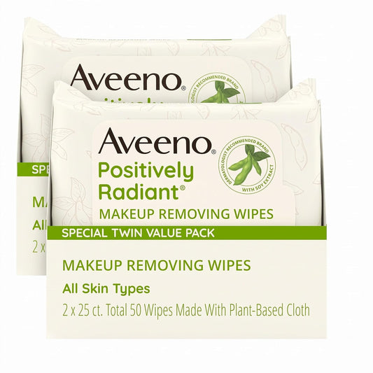 Aveeno Positively Radiant Makeup Remover Wipes, 2 x 25 Twin Pack, Pack of 2