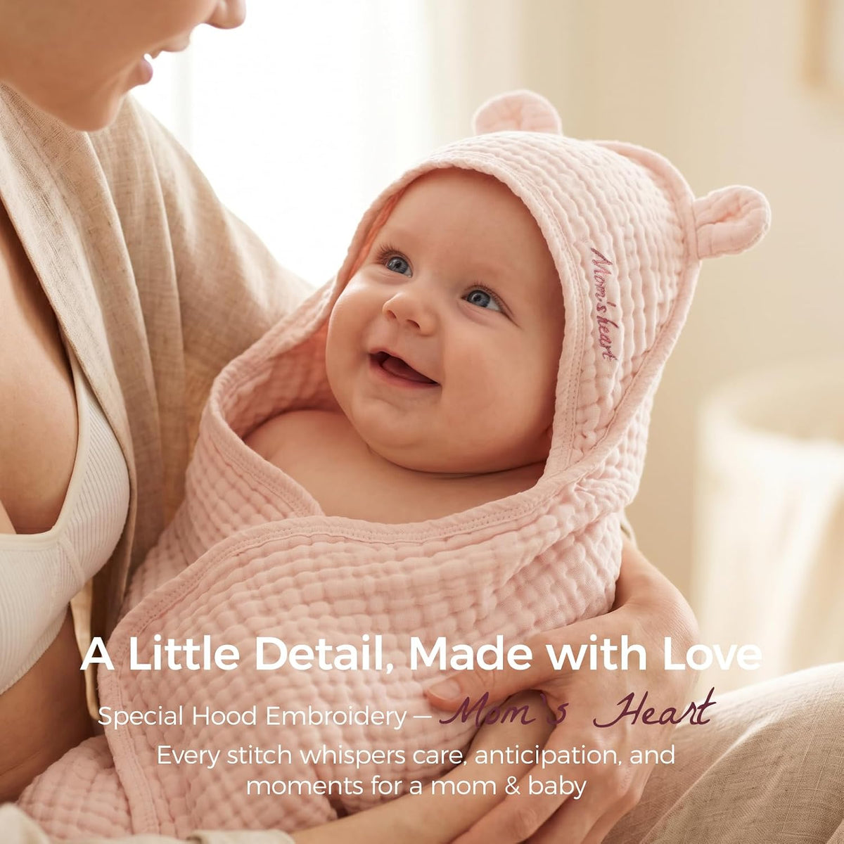 Momcozy 6-Layer Muslin Cotton Hooded Baby Towels, 32 x 32 Inch, Pink — product view