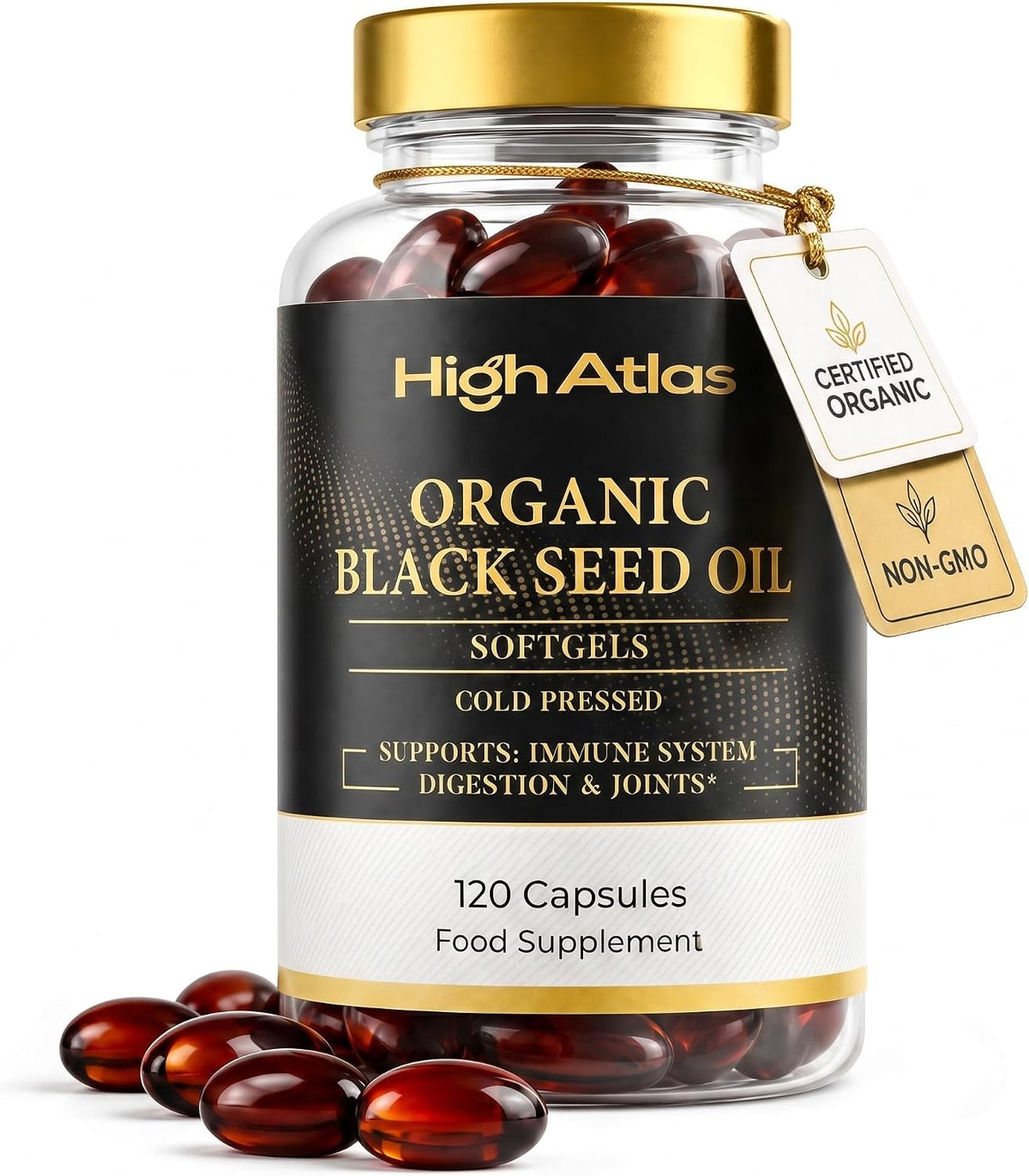 HighAtlas Organic Black Seed Oil 120 Softgels (2000 mg Per Serving) — product view