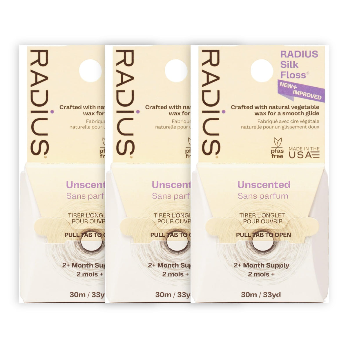 RADIUS Natural Silk Dental Floss, Unscented, 33 Yards (30 m), Pack of 3 — product view