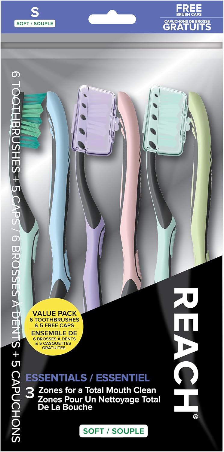 Reach Essentials Soft Toothbrushes with Toothbrush Caps, 6 Count