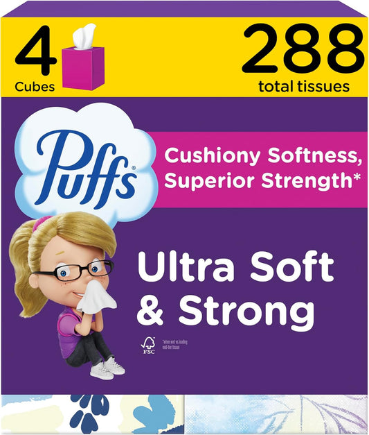 Puffs Ultra Soft Facial Tissues, 4 Mega Cubes of 72