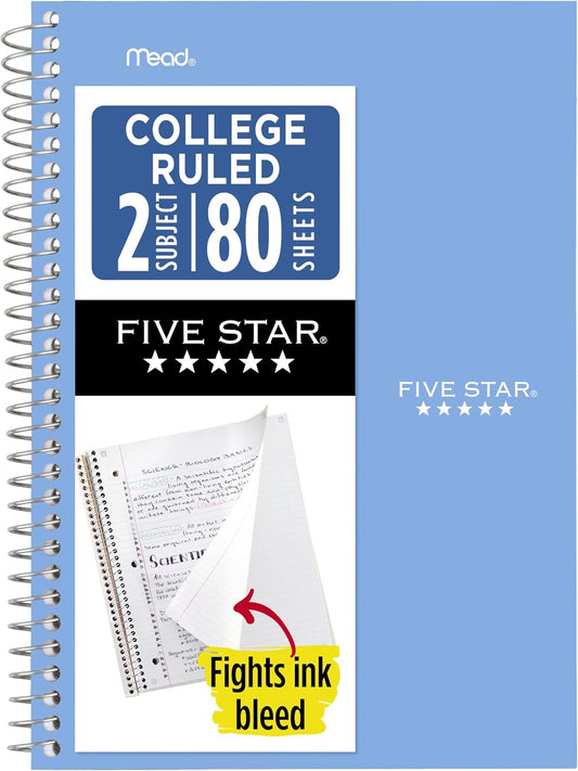 Five Star Spiral Notebook, 2 Subject, College Ruled, 80 Sheets, Blue