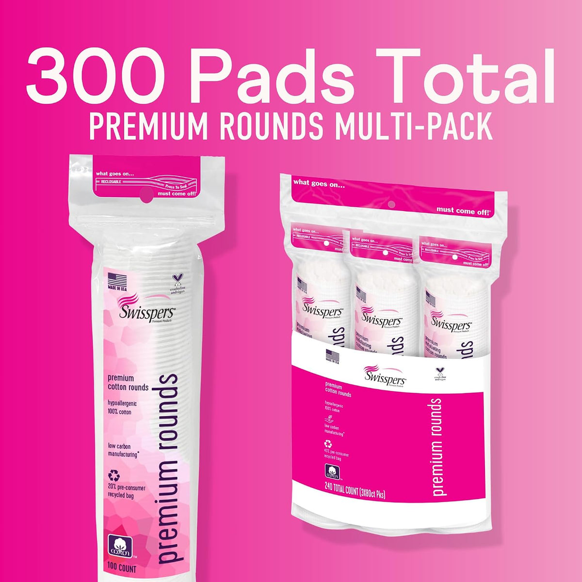 Swisspers Premium Dual-Sided Cotton Rounds, 100 Count, Pack of 3 - view 2