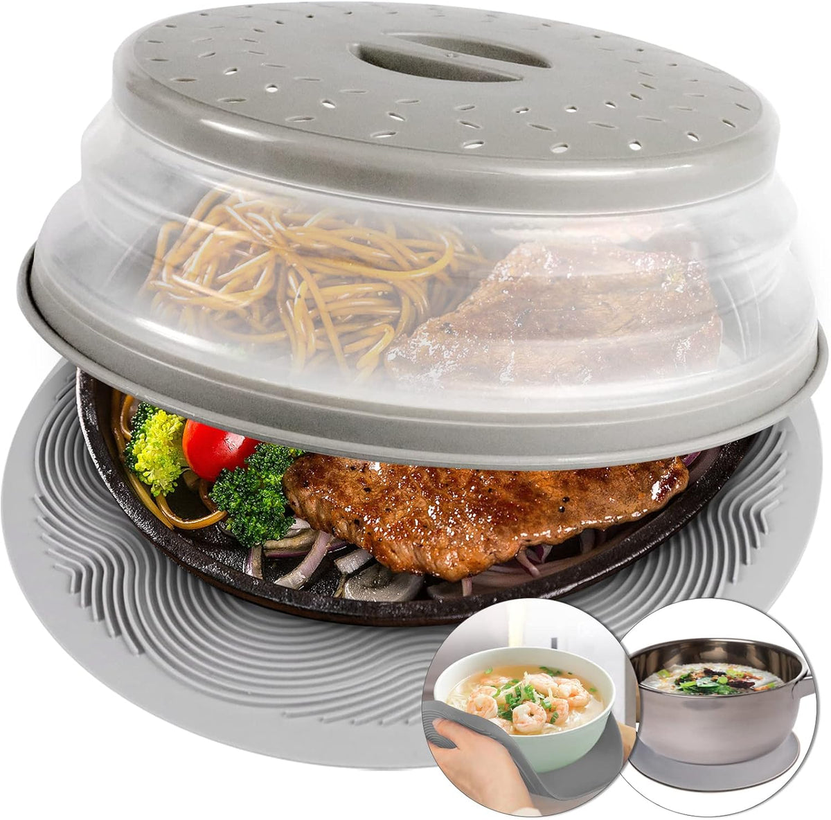 Aidacom 2-in-1 Microwave Splatter Cover and Silicone Mat, Grey — product view