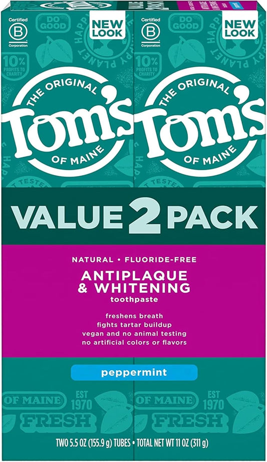 Tom's of Maine Fluoride-Free Antiplaque Whitening Toothpaste 5.5 oz Pack of 2