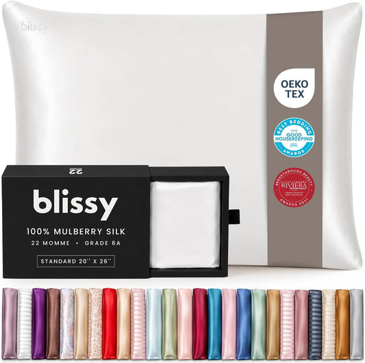 Blissy Mulberry Silk Pillowcase, 22 Momme, Standard, White