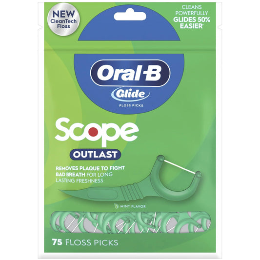 Oral-B Glide Floss Picks with Scope Outlast, Long Lasting Mint, 75 Count