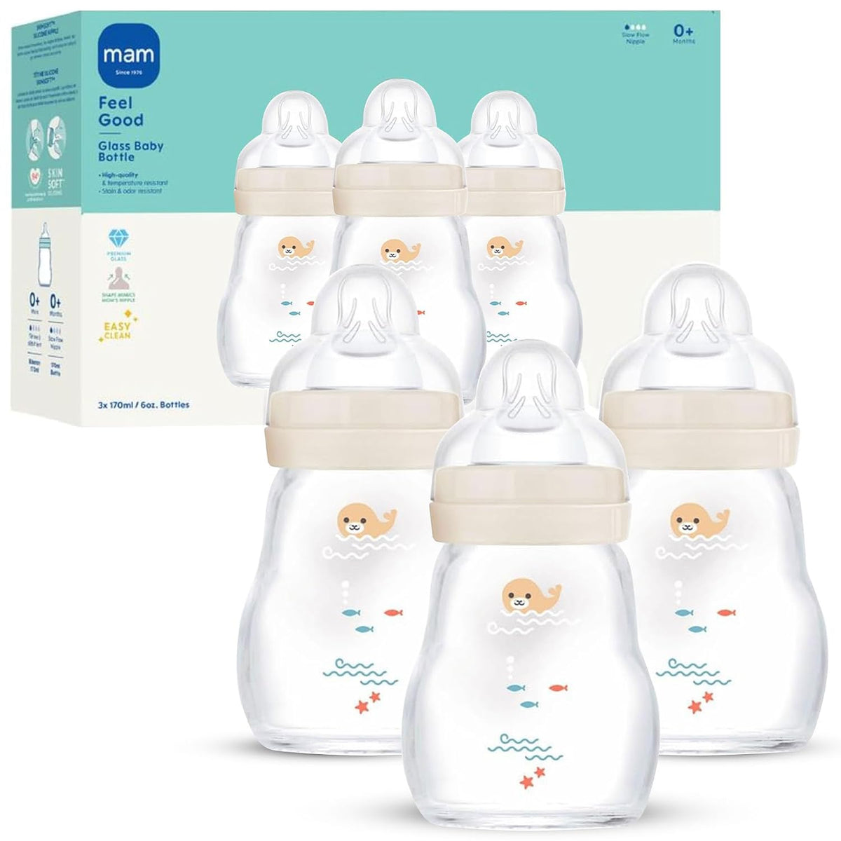 MAM Feel Good Pure Glass Anti-Colic Baby Bottles 6 oz (180 ml), 3 Pack