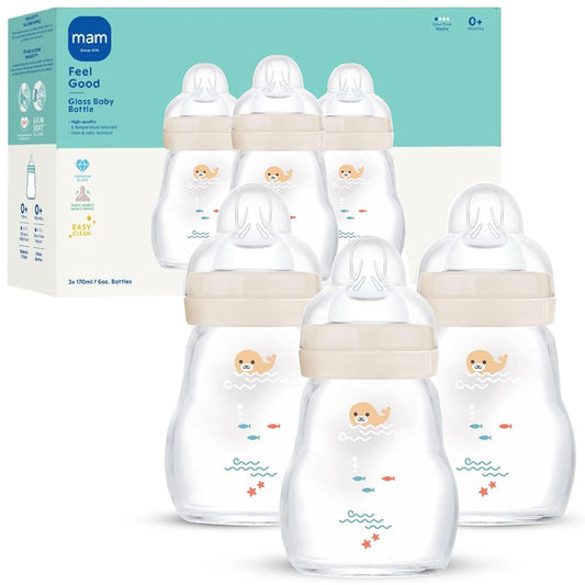 MAM Feel Good Pure Glass Anti-Colic Baby Bottles 6 oz (180 ml), 3 Pack